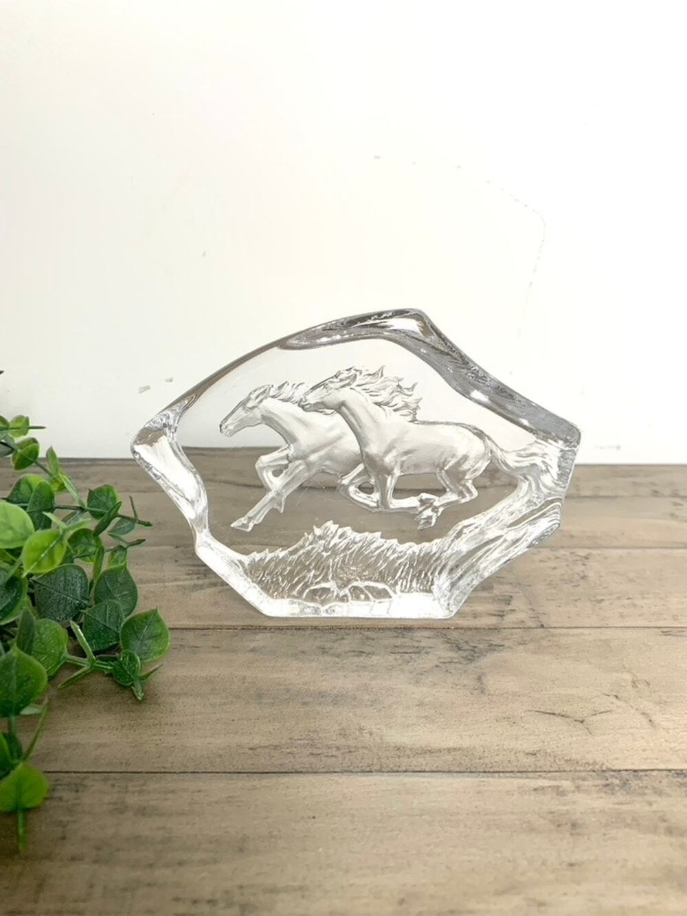 Vintage Clear Glass Horse Paperweight Etched Wild Horses Sculpture Equestrian